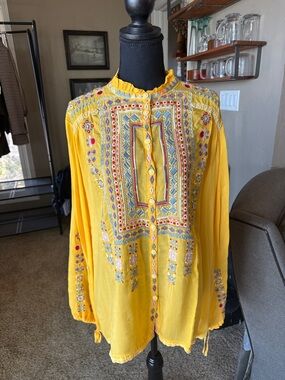 Johnny Was Yellow Embroidered Button-Down Blouse